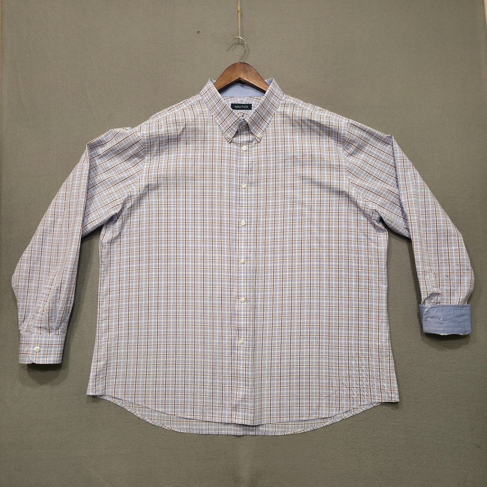 Nautica Men's Blue Check Long Sleeve Flip Cuff Dress Shirt‎ Size 18.5-36/37